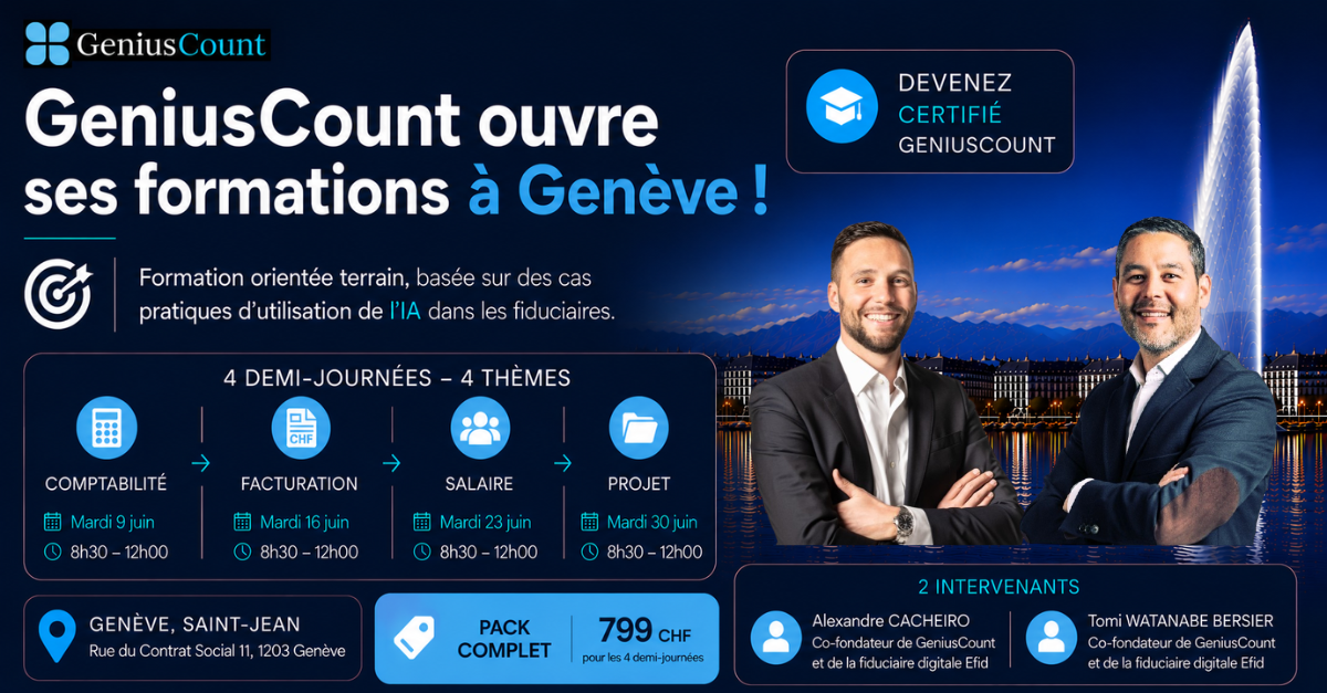 FORMATIONS GENIUSCOUNT GENEVE (9, 16, 23, 30 JUIN 2026)